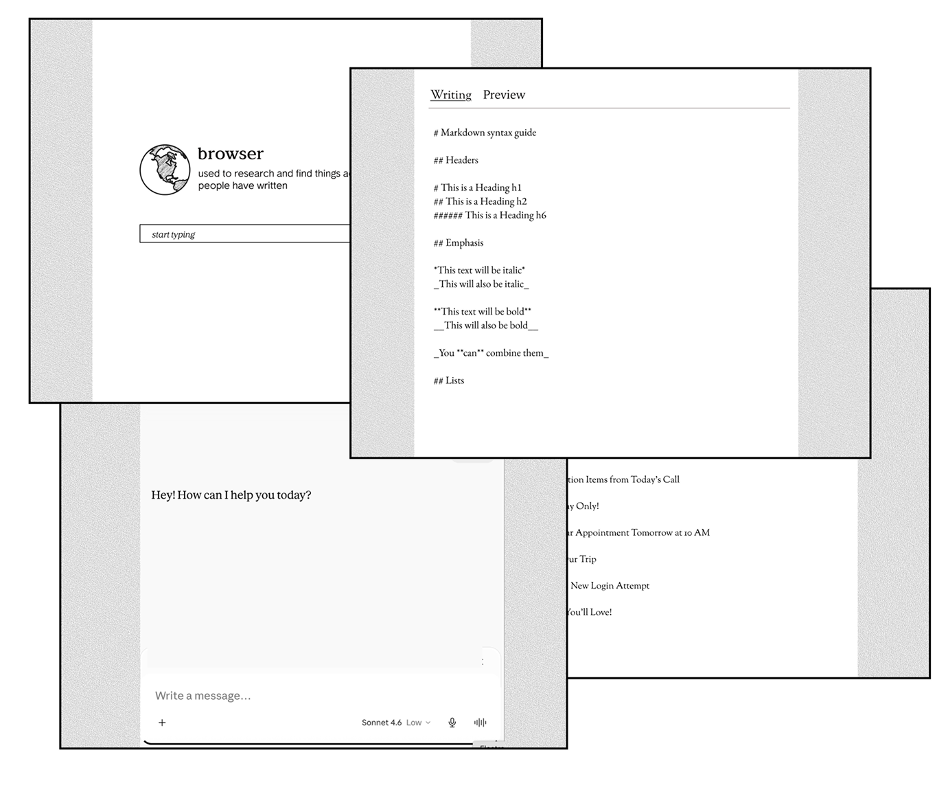 Kitiki e-ink laptop OS interface — email, web browsing, and AI chat